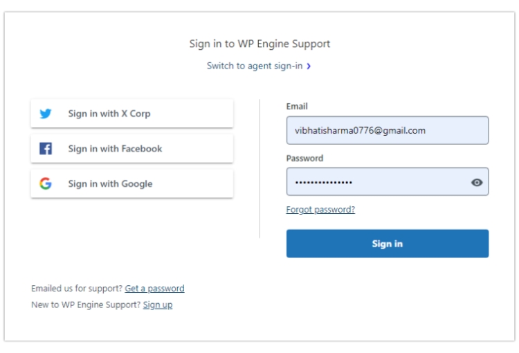 WP Engine support account