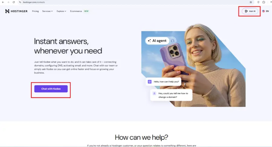 5. Now either click on “Chat With Kodee” or click on “Ask AI” option at top right corner of Contact Us page. 