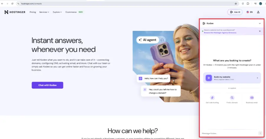 5. Now either click on “Chat With Kodee” or click on “Ask AI” option at top right corner of Contact Us page. 