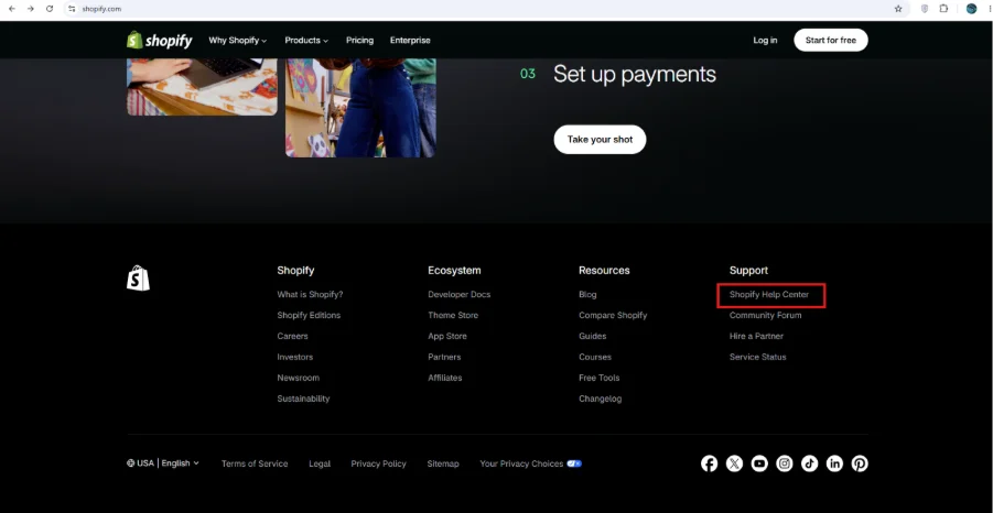 Step 2: Scroll down to bottom and click on “Shopify Help Center”.
