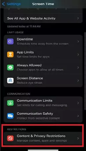  Select Content and Privacy Restriction