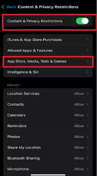 enabled Content & Privacy Restrictions
