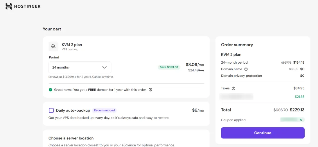 Hostinger Coupon Applied